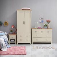 3 – Piece Bedroom Furniture Set Wardrobe 3+2+2 Chest 1 Drawer Bedside Table Cream Oak Top