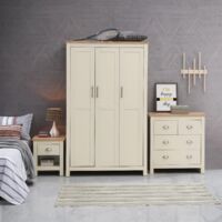 3 Piece Bedroom Furniture Set Cream 3 Door Wardrobe 2+2 Chest1 Drawer Bedside Table Oak top