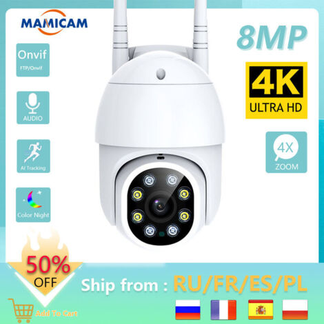 Caméra de surveillance extérieure IP 8MP 4K – Vision nocturne couleur – Rotation 355° – Étanchéité IP66 – Audio bidirectionnel