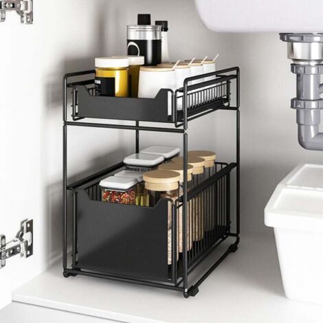 Organisateur de Cuisine à 2 Niveaux Rangement Sous Evier Coulissant Support d'armoire Coulissant Noir