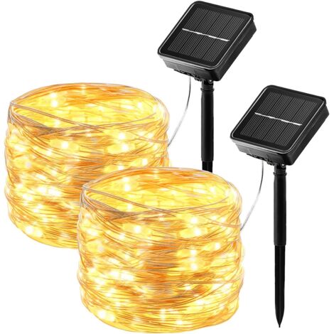 【2 Packs】Luces Solares LED Exterior Jardín, 12M 100LED Guirnaldas Luces Exterior Solar, 8 Modos de Luz a Prueba de Agua Cadena de Luces LED Solares Jardín para Interior/Jardín/Fiesta/Festivales/Árbol