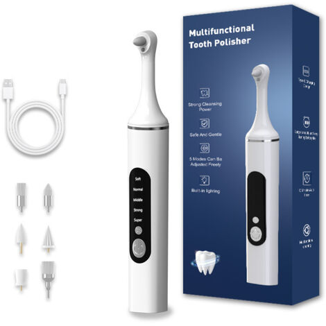 Dental polisher - dental Whitening appareil dentaire Remover tartre électrique polissage kit de nettoyage des dents avec lumière LED, 5 modes de vitesse avec 6 têtes de brosse (blanc)