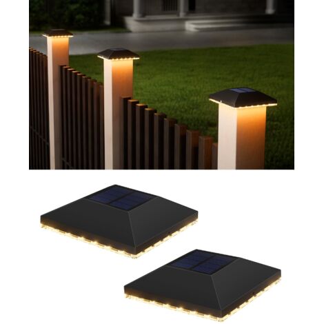 Chapeau de Poteau Solaire 7x7 8x8 9x9 10x10, Lot de 2 Lampes Solaires IP65 Étanches pour Poteaux en Bois, Jardin, Terrasse, Plateforme (Lot de 2 pièces-noir) [Classe énergétique D]