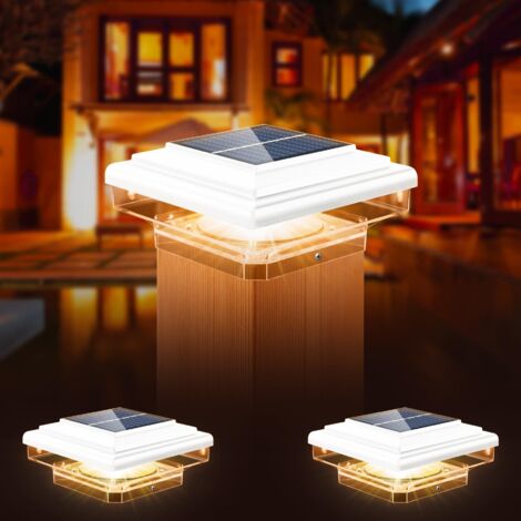 Lot de 2 Lampes Solaires Capuchons de Protection,8LEDs,IP65 étanche Solaire Lumières Lampe Solaire de Jardin Extérieures pour poteaux de clôture 70 mm/80 mm/90 mm/100 mm(76 x 76 mm) Blanc [Classe éner (1/5)