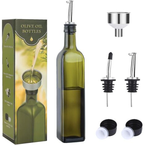 Distributeur d'huile d'olive en verre de 500 ml (17 oz) - Bouteille verte pour huile et vinaigre avec bec verseur et entonnoir - Carafe à huile d'olive pour la cuisine (1/5)