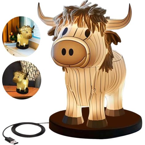 Veilleuse vache des Highlands - Lampe de table portable USB, petite décoration animalière peinte pour salon et chambre - Cadeau pour maman et fille