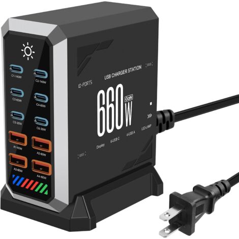 660W Station de Charge - Chargeur Rapide à 10 Ports avec 6 Ports USB C + 4 Ports USB A, Caricatore USB Multiplo Compatible avec MacBook, iPad, iPhone séries 16/15/14, Galaxy S22/ S20, Dell, HP(Noir,EU