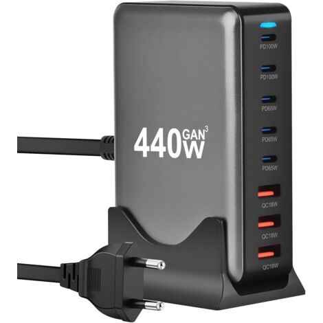 440W Chargeur USB C,8 Ports Multiple GaN Chargeur Secteur avec 5 USB-C et 3 USB-A,Chargeur Rapide Station de Charge Adaptateur Compatible avec MacBook Pro/Air Laptop, iPhone,iPad Pro,Galaxy,SteamDeck( (1/5)