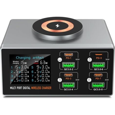 140W Chargeur Intelligent Multifonction à Absorption magnétiqEU, 8 Ports USB-C avec 65W PD3.0 QC3.0, Chargeur sans Fil, écran LCD pour MacBook, Ordinateur Portable(EU) (1/5)