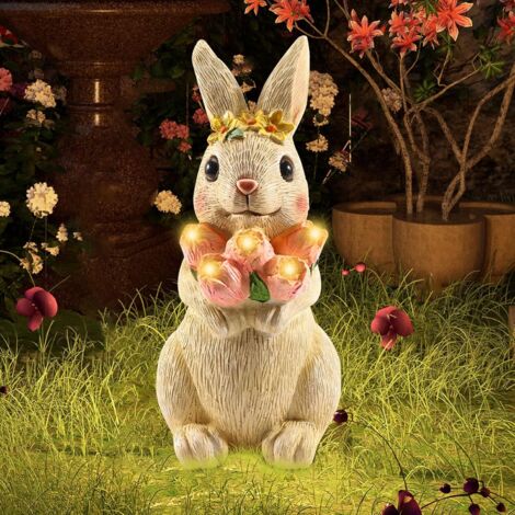 Figurine de lapin solaire - Décoration de jardin - Lapin avec fleurs - Lampe solaire - Décoration d'extérieur - Décoration de jardin pour enfants et femmes - Balcon - Jardin féérique - 27 cm (1/5)