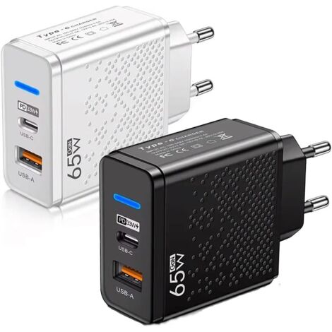 Chargeur USB C Puissance de 65W, Chargeur à Double Sortie, Compatible avec iPhone 16/15/14/13/12/11 Pro/Max/Plus/Mini/SE/X/XR/XS, iPad, Watch, Galaxy, Android et Plus. EU(Lot de 2 Chargeurs Noir Blanc (1/5)