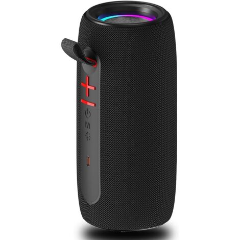 Haut-Parleur Bluetooth Portable Sans Fil, Étanche IPX6 pour Outdoor, Radio FM, Lecture USB/AUX/Carte SD, Lumières LED, Stéréo Interconnecté TWS, pour Voyage/Camping/Vélo/Famille/Fête (Noir)