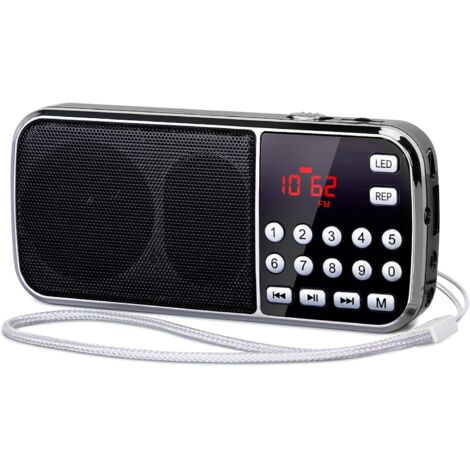 Radio Bluetooth AM/FM Portable – Haut-Parleurs Doubles Basses Puissantes, Lampe Torche LED, Taille Poche, Lecteur MP3 TF/USB/AUX, Rechargeable, Couleur Noire