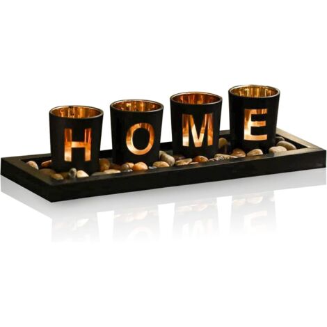 Set de Porte-Bougies Décoratifs pour Maison – 4 Porte-Bougies à Thé en Verre avec Plateau en Bois pour Porte-Bougies (Sans Bougies Incluses), Galets Naturels pour Décoration de Table et Pièce Maîtress (1/5)