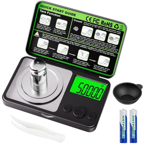 Balance Numérique en Milligrammes 50 g x 0,001 g – Mini Balance de Précision avec Fonction de Tarage, Poids d'Étalonnage et Affichage LCD Rétroéclairé, Balance Micro de Poche pour Peser des Poudres, d