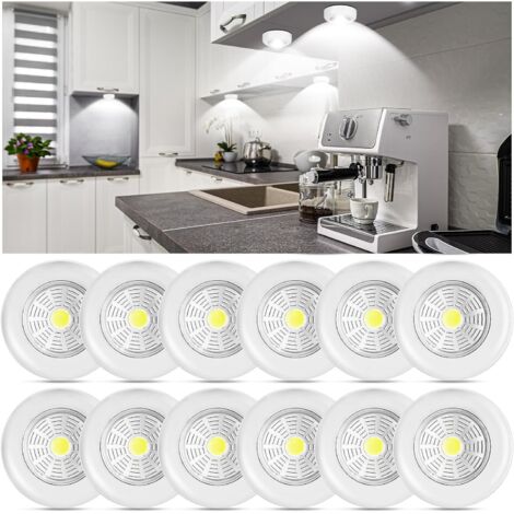 Lot de 12 Spots LED Sans Fil, Éclairage Sous-Armoire, Lampes Tactiles Portatives 70 Lumens, Alimentées par Batterie et Autocollantes, pour Cuisine, Armoires, Cabinets, Garage, Chambre à Coucher et Éta