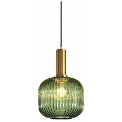 Trimec – Suspension vintage industrielle en verre rayé – Abat-jour 30 cm – Support en laiton poli – Hauteur 18 cm – Compatible ampoules E27