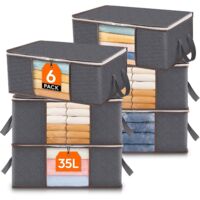 Lot de 6 Sac de Rangement Vetement 35L, Boîte de Rangement sous lit Pliable, Housse Rangement Couette Organisateur de Placard, Fenêtre Transparente en Tissu Solide pour Les Vêtements, Gris