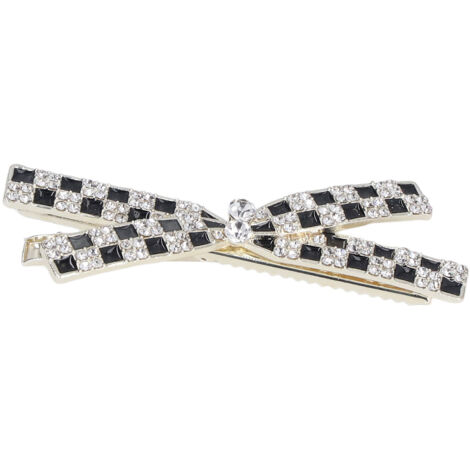 Barrette Kawaii à Noeud Papillon avec Strass, Motif Quadrillé Noir et Blanc pour Déco Cheveux - Cadeau (1/5)