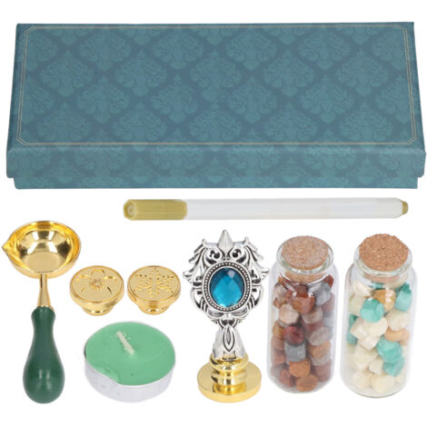 Kit de Tampon à Cire avec Manche Amovible Gravure Claire, Travail Exquis et Fin, Four à Cire Antique Poignée Bleu Lac Argenté avec Strass SP272 (1/5)