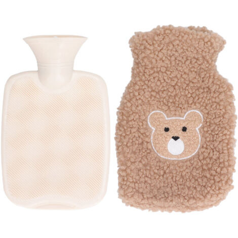 Bouillotte 1000ml en PVC Renforcé Anti-Brulure avec Couverture en Peluche Ours Mignon pour Maison, Bureau ou Hiver - Tête d'Ours Café (1/5)