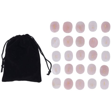Ensemble de 25 Pierres Runes Polies et Gravées pour Divination, Méditation et Guérison des Chakras en Quartz Rose (1/5)