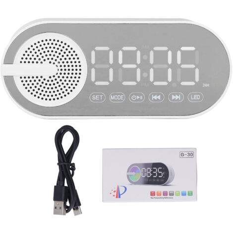 Enceinte Bluetooth 5.0 avec Horloge Numérique, Radio FM, Lumières Colorées et Alarme Rechargeable - Blanc
