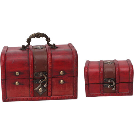 2 Pièces Coffre au Trésor en Bois Style Rétro Rouge, Boîte à Bijoux Vintage Multi-usage pour Table de Bureau ou Chambre (1/5)