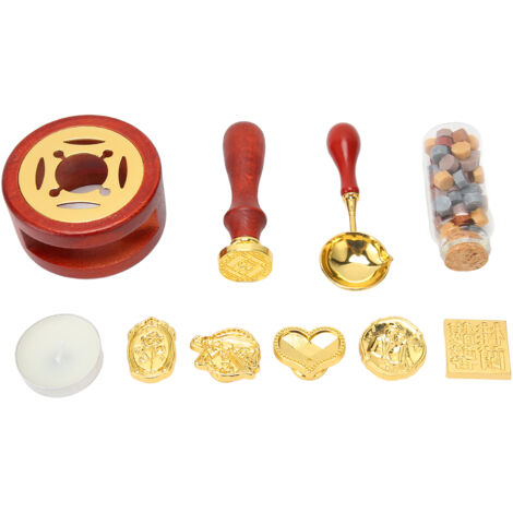 Kit de Cachet à Cire avec 5 Têtes Remplaçables, Chauffeur de Cire et Cuillère pour Lettres et Cartes Postales