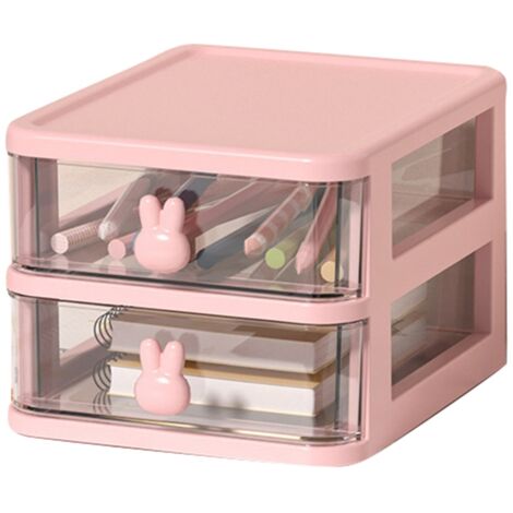Boîte de Rangement de Bureau Multiniveau Transparente Grande Capacité avec Poignée Lapin, Organisateur à Tiroirs pour Livres et Stylos, Rose, 2 Niveaux (13.4x17x11cm) (1/5)