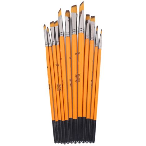 12 Pinceaux en Nylon Acrylique à Manche en Bois et Virole Métallique, Embout Oblique et Poignée Orange pour Artisanat Artistique (1/5)