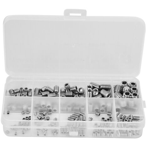 Kit de 245 vis sans tête en acier inoxydable, à empreinte hexagonale et bout concave, pour fixations robustes. (1/5)