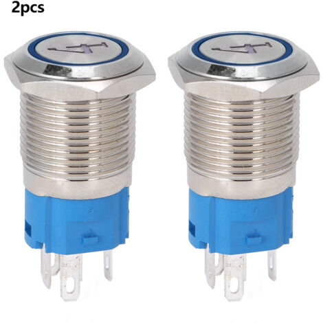 2PCS Bouton-Poussoir Métallique 5 Broches 16mm à Tête Plate Autoreset Lumineux 43-6VDC Bleu (1/5)