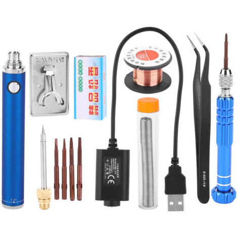 Fer à souder USB portable 5V rechargeable anti-oxydation avec kit et stylo bleu (1/5)