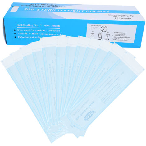 200 Sachets Autocollants pour Matériel Dentaire, Poches PVC Transparentes Bleues Stérilisation (70 x 260 mm) (1/5)