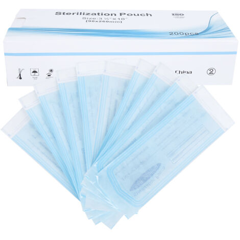 200 Sachets Autocollants pour Matériel Dentaire, Poches PVC Transparentes Bleues Stérilisables (90 x 260 mm) (1/5)