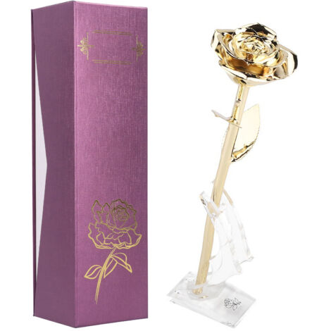 Rose dorée plaquée or 24K avec socle - Cadeau romantique pour petite amie, décoration Saint-Valentin (1/5)