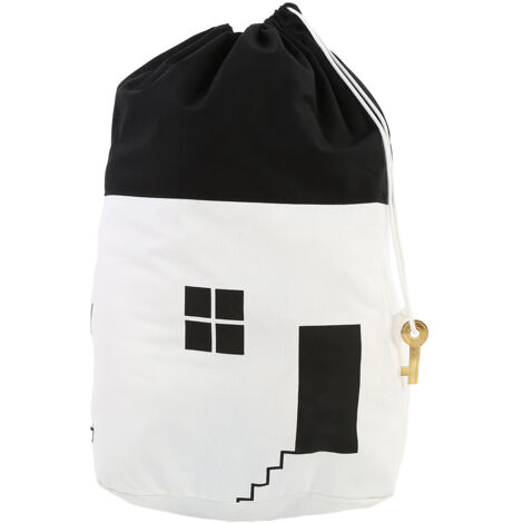 Sac de rangement jouets enfants à cordon, grande capacité, design maison, blanc (1/5)