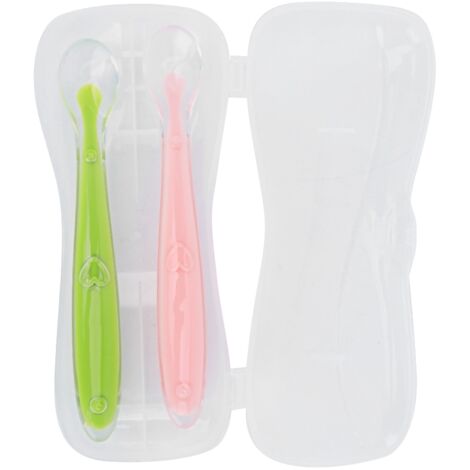 2PCS/Set Cuillères à Bout Souple en Silicone pour Bébés de 4 Mois et Plus avec Boîte (Vert et Rose) (1/5)