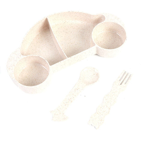Ensemble de couverts en paille de blé pour enfants, 3 pièces : bol, cuillère et fourchette, design cartoon et couleur kaki. (1/4)