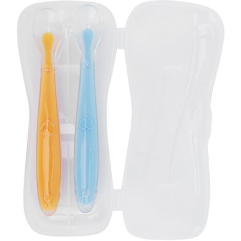 2 cuillères souples en silicone pour bébés de 4 mois et plus, avec boîte (jaune et bleu) (1/5)