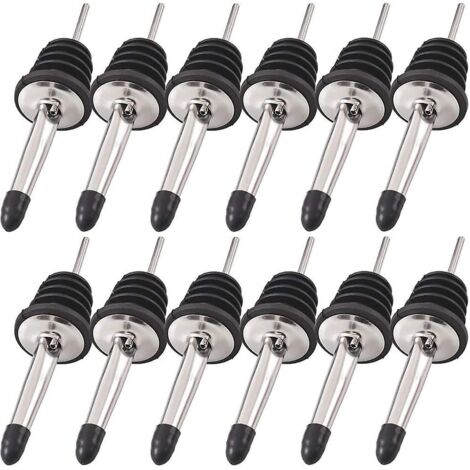 Lot de 12 verseurs en acier inoxydable avec bec conique et bouchons en caoutchouc pour liqueurs, vinaigres, sirops ou huiles d'olive (1/5)