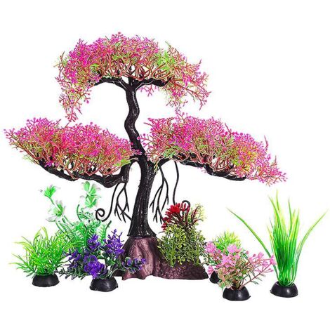 Ensemble d'arbre et de plantes artificielles en plastique pour aquarium, représentant un poisson rouge rose vif de taille moyenne, 9,4 (1/5)
