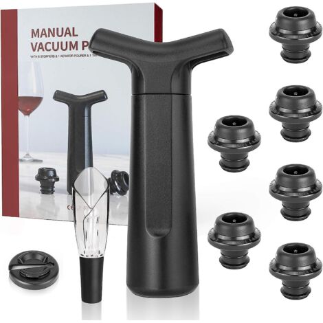 Coffret de bouchons de vin avec pompe à vide, 6 bouchons, bec verseur et couteau en aluminium et silicone, idéal pour les cadeaux de vin et de champagne. (1/5)