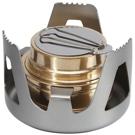 Réchaud de camping en alliage de cuivre avec brûleur à alcool et support, coloris or, gris et vert olive. (1/5)