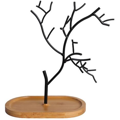 Présentoir à bijoux en métal en forme d'arbre avec base en bambou (1/5)