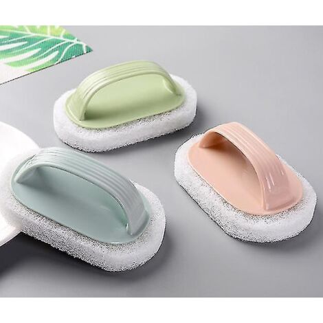 Ensemble de 3 brosses de nettoyage à manche lisse avec éponge de décontamination pour salle de bain, toilettes et cuisine (bleu, rose et vert) (1/4)