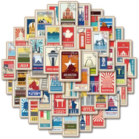Ensemble de 50 autocollants de cartes de voyage, attractions touristiques du monde entier, bâtiments de paysages urbains vintage, pour adultes, adolescents, ordinateur portable, bagages (1/5)
