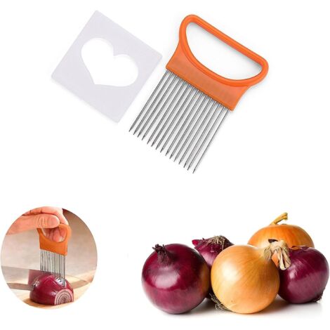 Éplucheur et trancheur d'oignons en acier inoxydable avec aiguille à viande, coupe-pommes de terre et support à oignons - Orange (1/5)