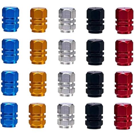 Bouchons de valve anti-poussière en alliage d'aluminium - Lot de 20 (argent, rouge, bleu et noir) pour moto, voiture et vélo (1/5)